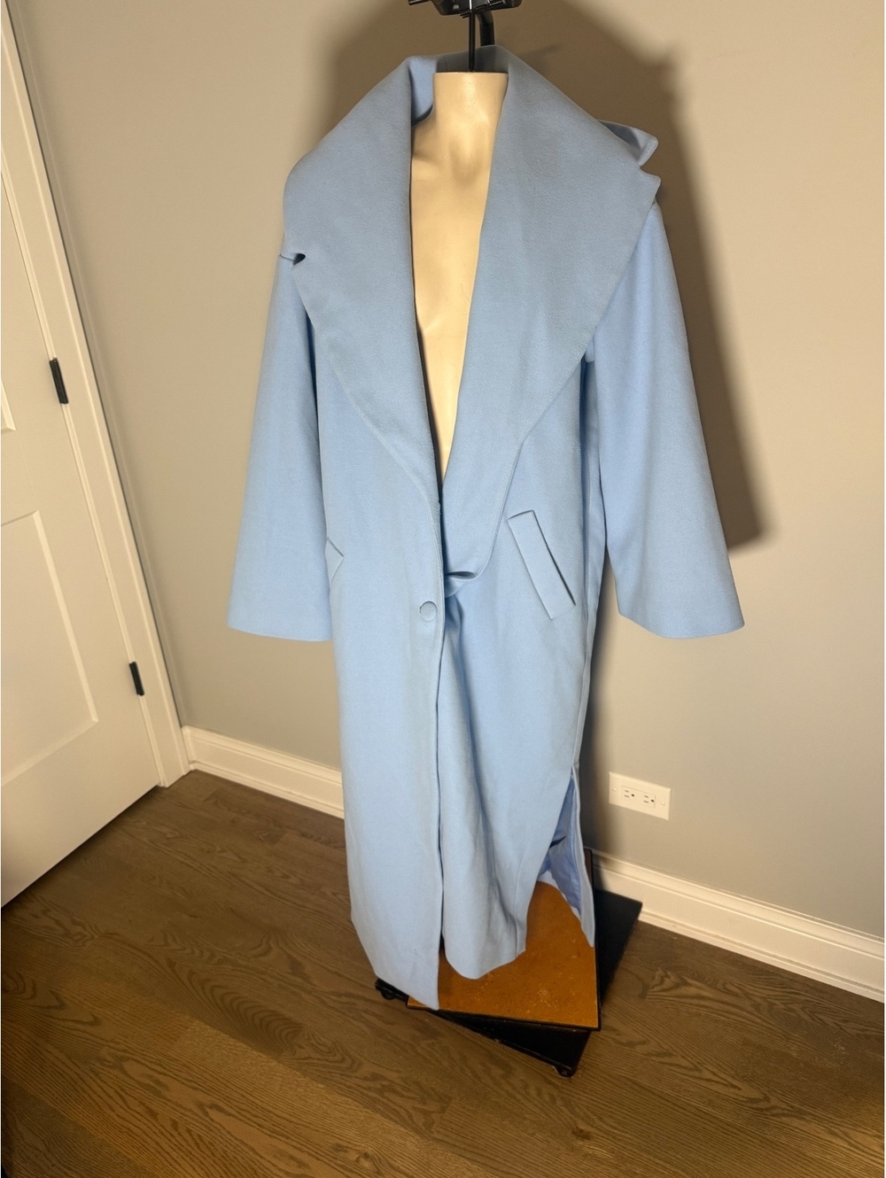 Hutch Light Blue Wool Overcoat with Wide Collar and Button Closure